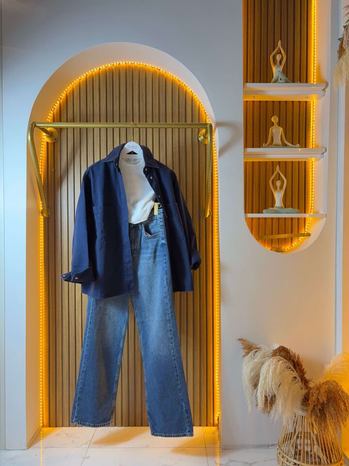 Cep Detaylı Mavi Kot Ceket