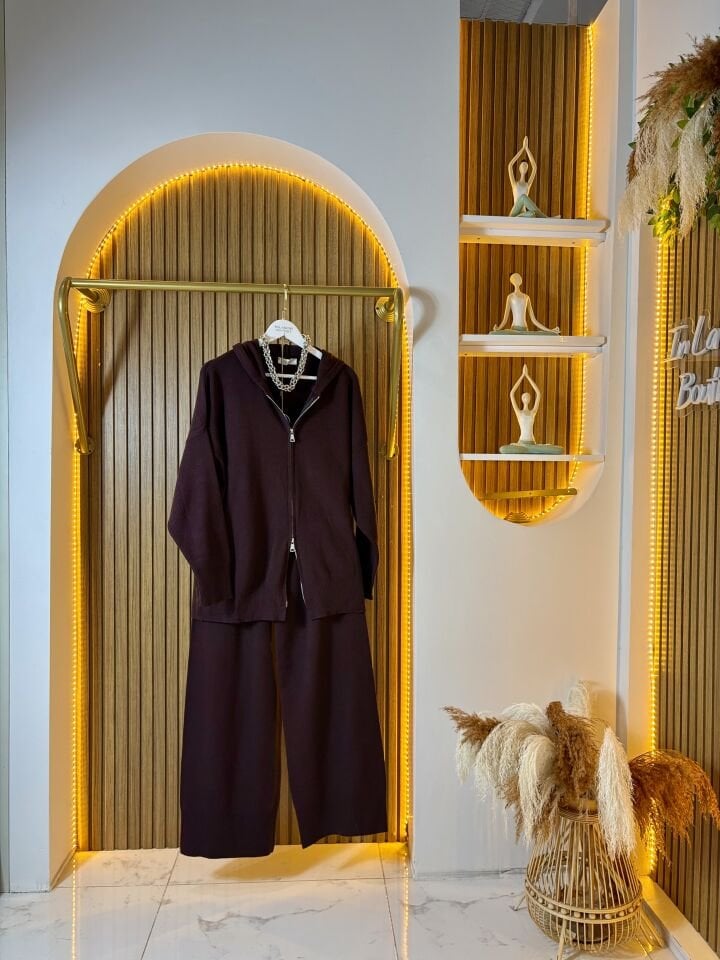 Kapüşonlu Fermuarlı Kadın  Bordo Triko Takım