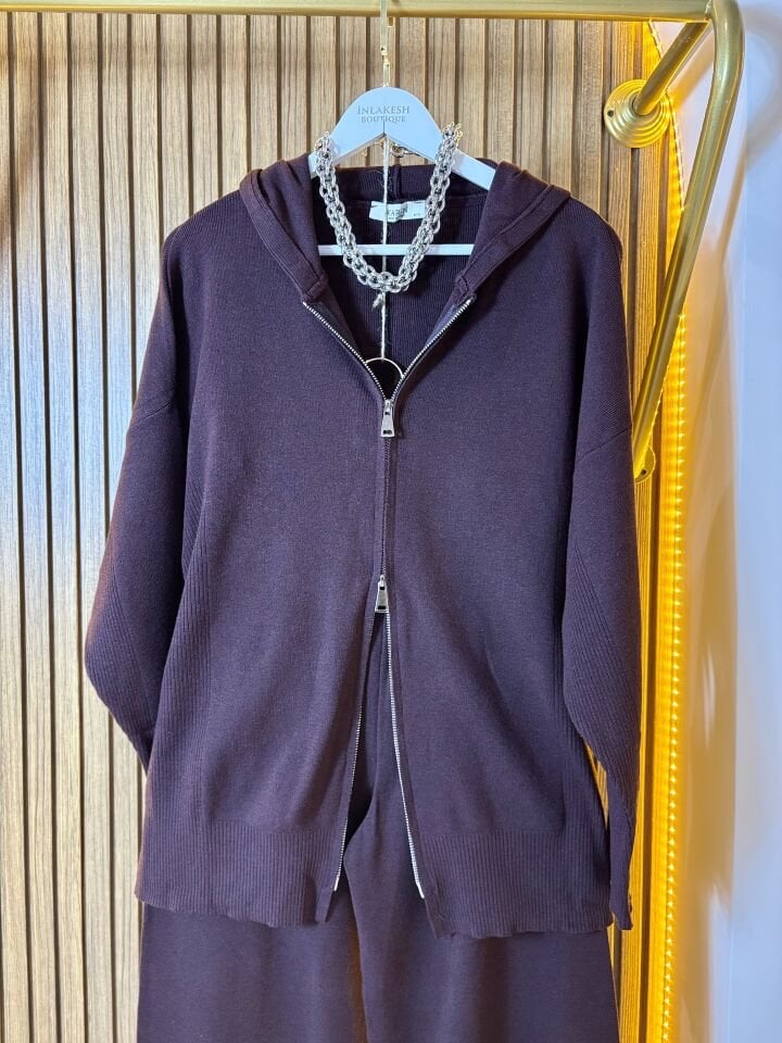 Kapüşonlu Fermuarlı Kadın  Bordo Triko Takım