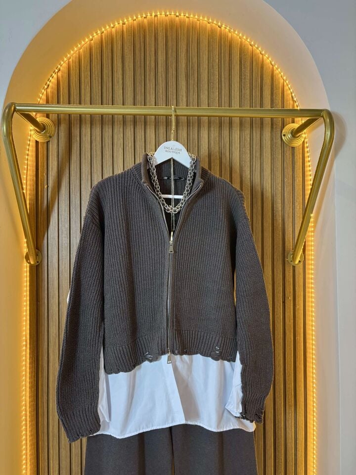 Poplin Gömlek Detaylı Oversize Kesim Fermuarlı Triko Takım