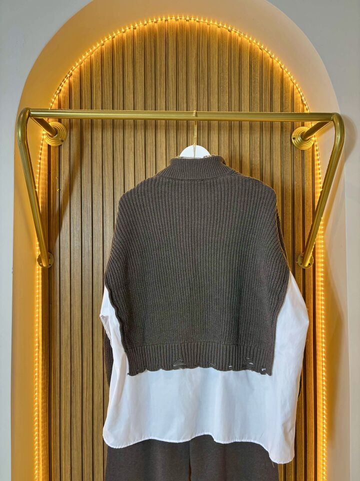 Poplin Gömlek Detaylı Oversize Kesim Fermuarlı Triko Takım