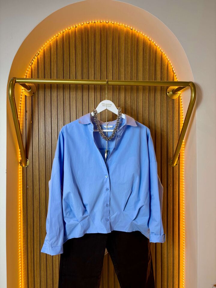 Mavi Poplin Gömlek – Oversize Rahat Kesim Şık Kadın Gömlek
