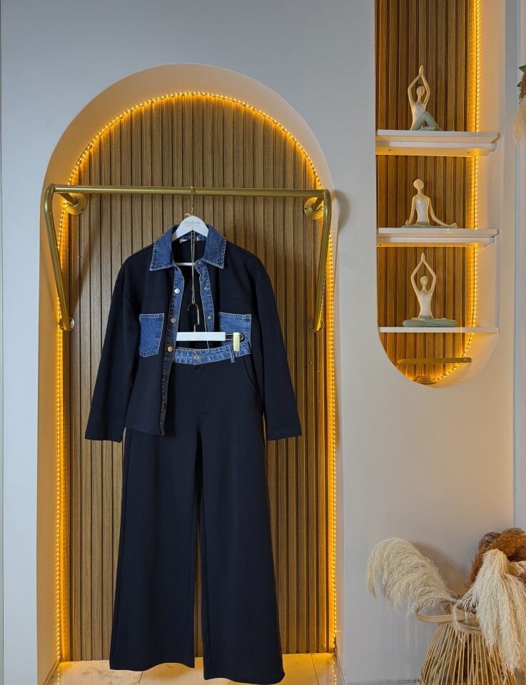 Lacivert Denim Detaylı İkili Takım