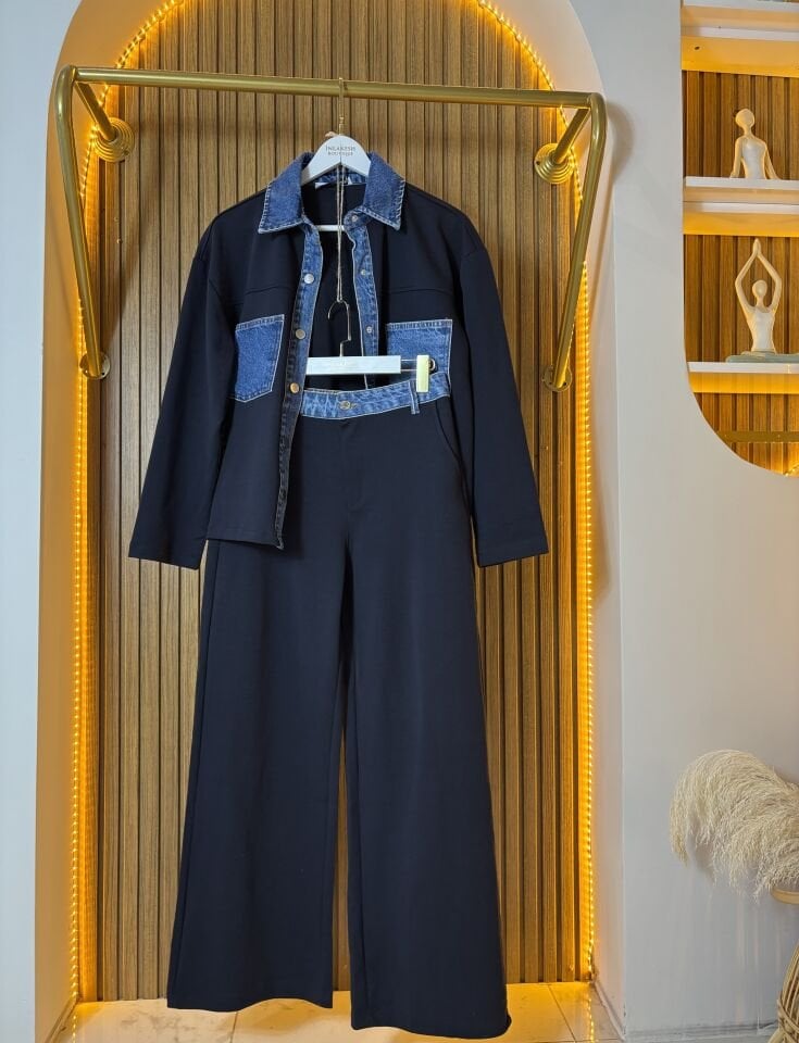 Lacivert Denim Detaylı İkili Takım