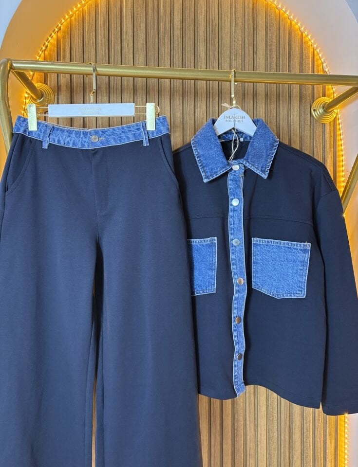 Lacivert Denim Detaylı İkili Takım