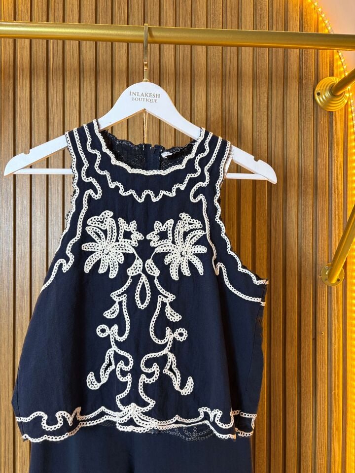 Lacivert-Krem İşlemeli İkili Takım