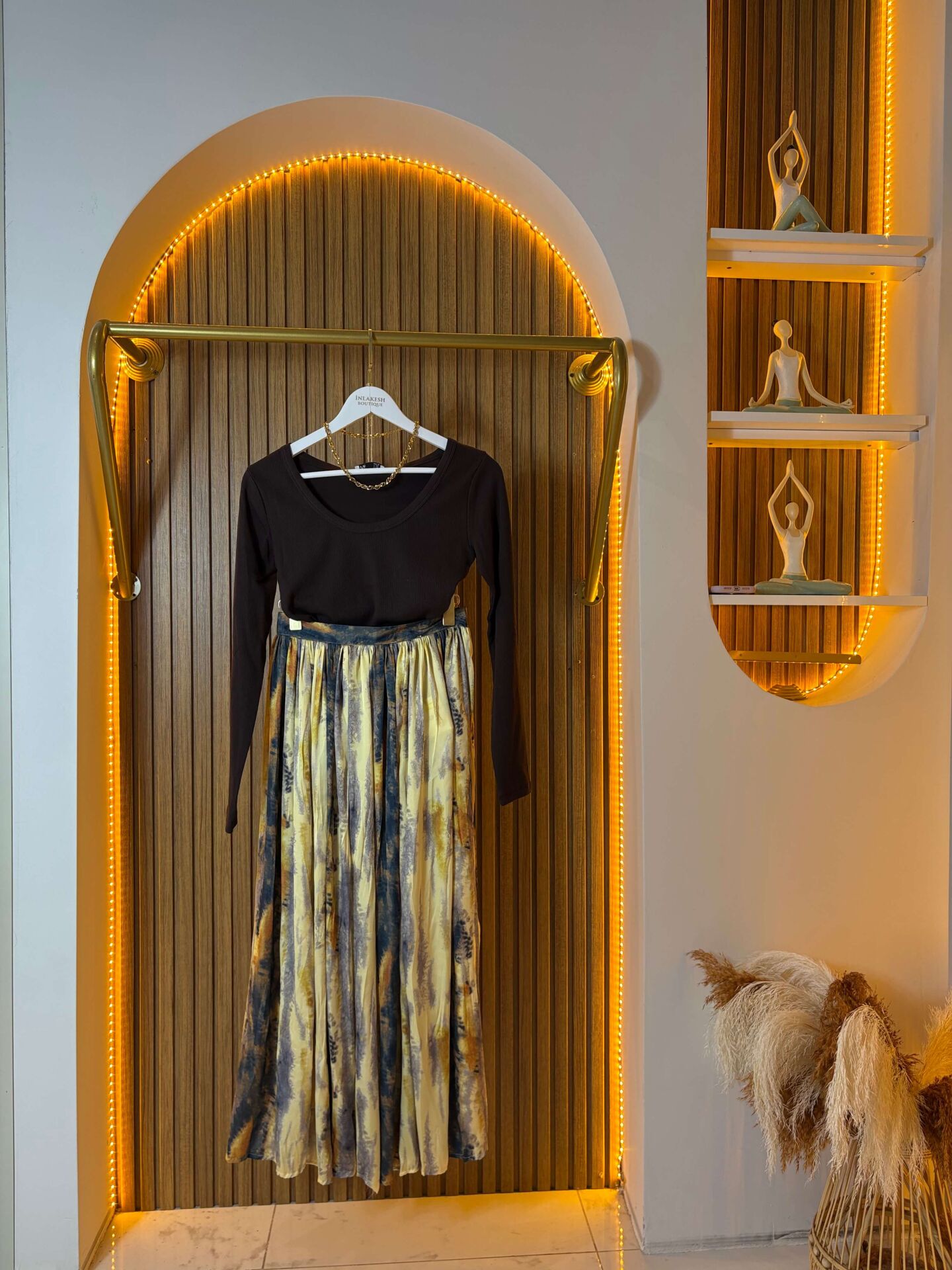 Renk Geçişli Desenli Saten Uzun Etek