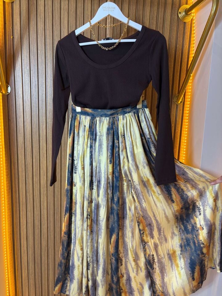 Renk Geçişli Desenli Saten Uzun Etek