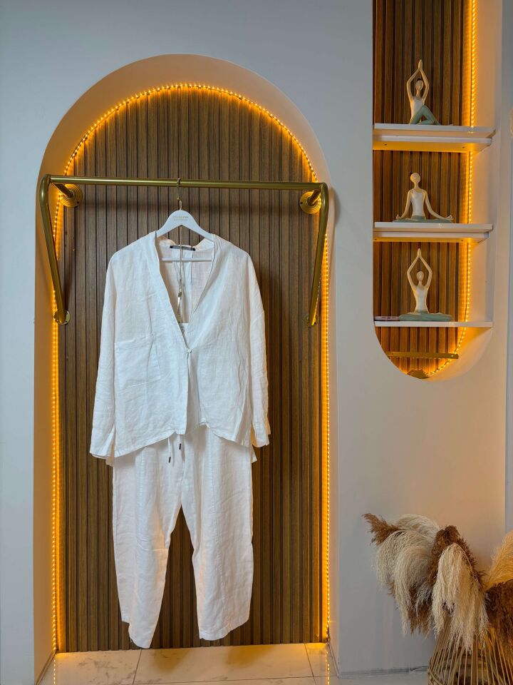 Kadın Ham Keten Beyaz İkili Salaş Takım