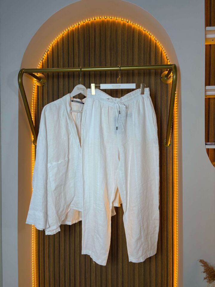 Kadın Ham Keten Beyaz İkili Salaş Takım