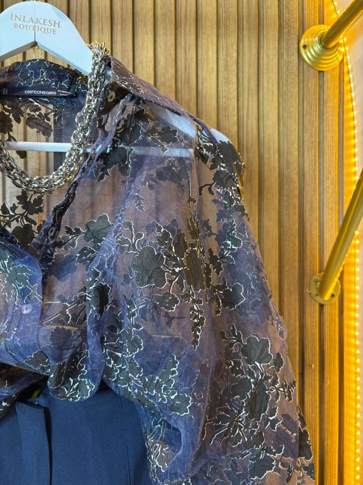 Lacivert Balon Kollu Transparan Gömlek