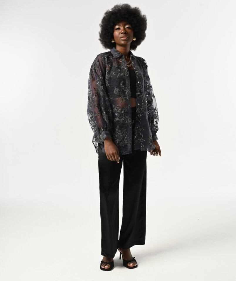 Lacivert Balon Kollu Transparan Gömlek