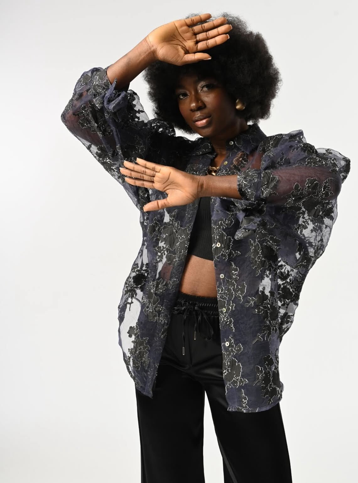 Lacivert Balon Kollu Transparan Gömlek