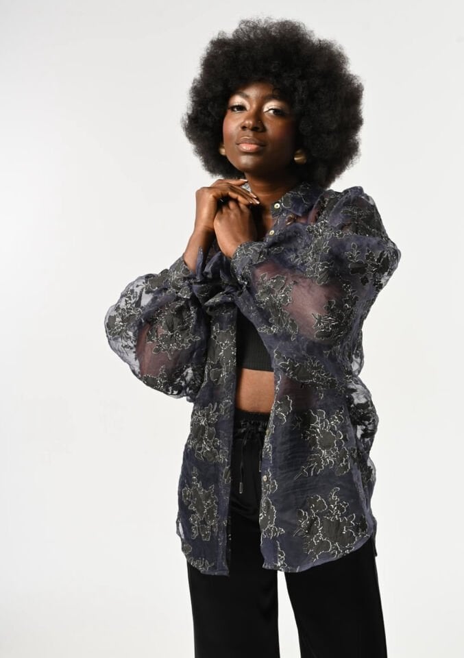 Lacivert Balon Kollu Transparan Gömlek