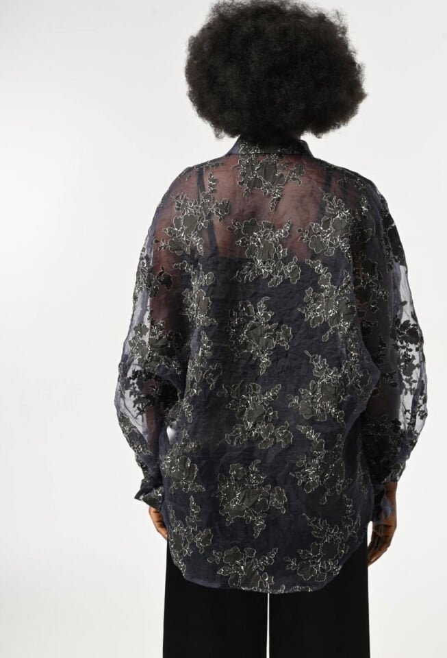 Lacivert Balon Kollu Transparan Gömlek