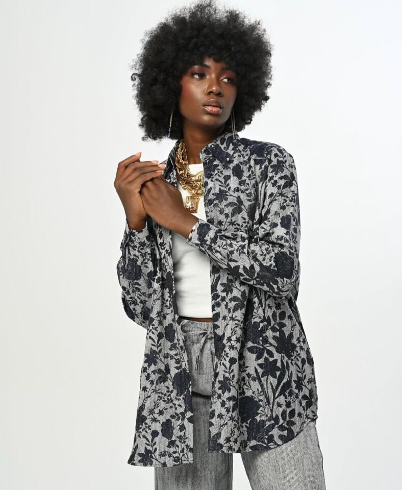 Gri Lacivert Desenli Oversize Gömlek ve Palazzo Pantolon Takım