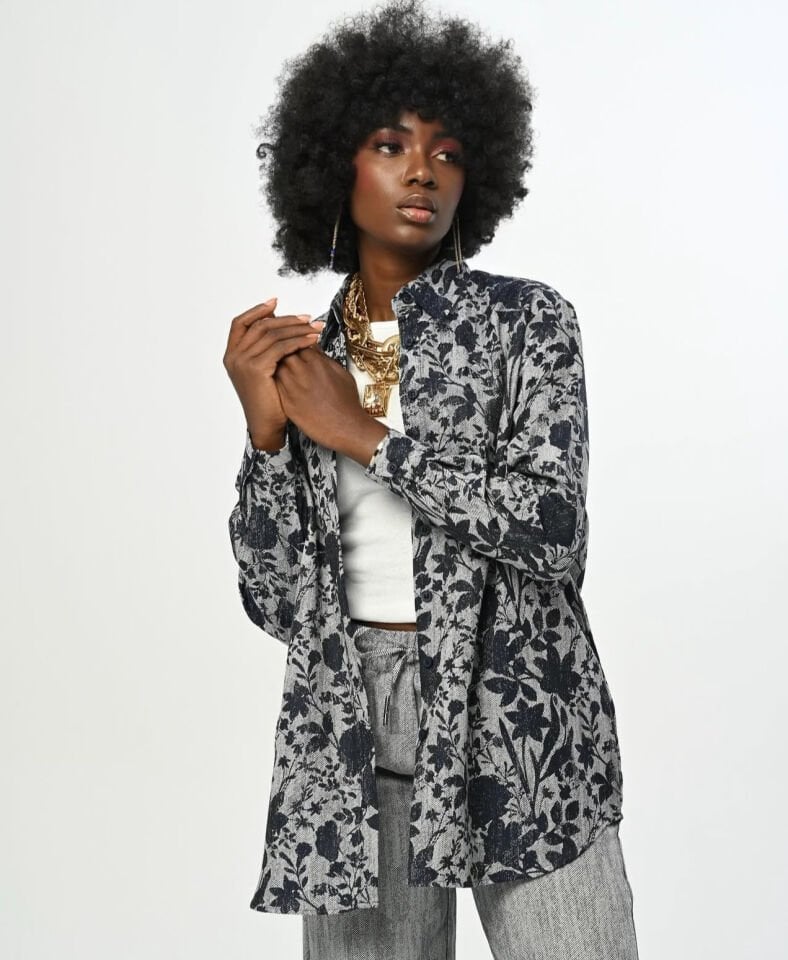 Gri Lacivert Desenli Oversize Gömlek ve Palazzo Pantolon Takım