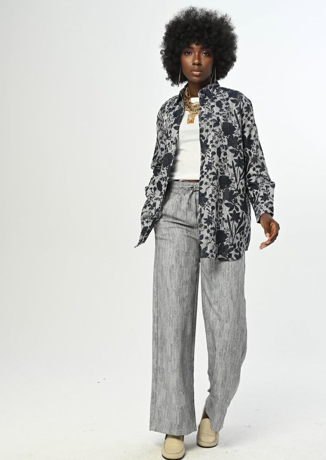 Gri Lacivert Desenli Oversize Gömlek ve Palazzo Pantolon Takım