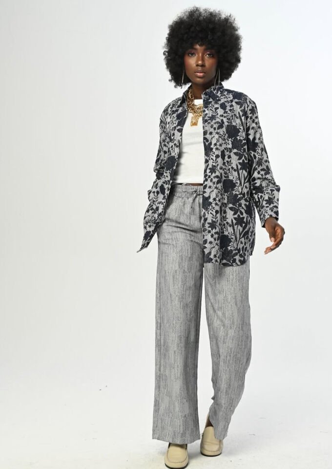 Gri Lacivert Desenli Oversize Gömlek ve Palazzo Pantolon Takım