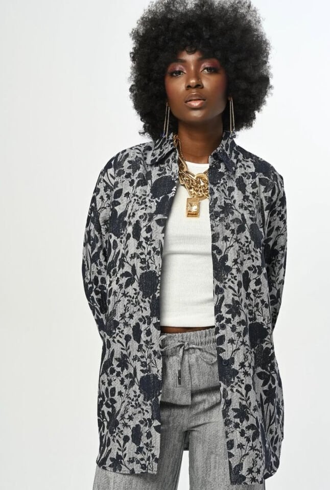 Gri Lacivert Desenli Oversize Gömlek ve Palazzo Pantolon Takım