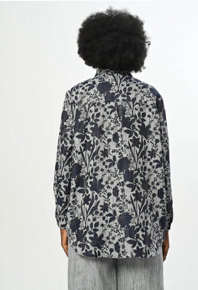 Gri Lacivert Desenli Oversize Gömlek ve Palazzo Pantolon Takım