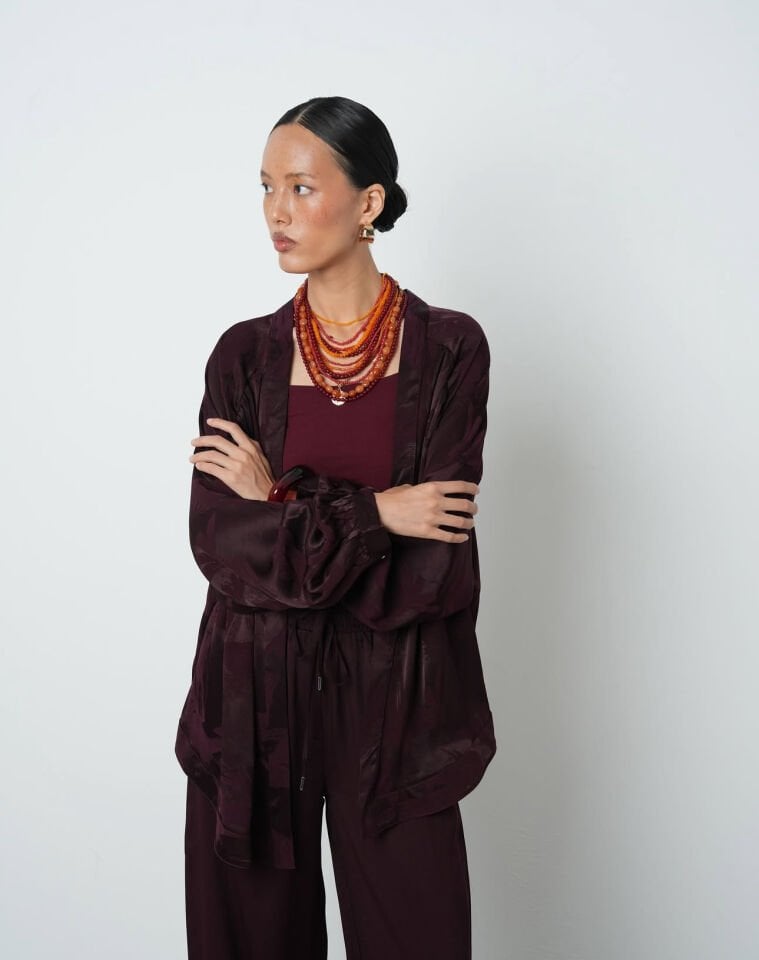 Bordo Desenli Saten Kimono Takım