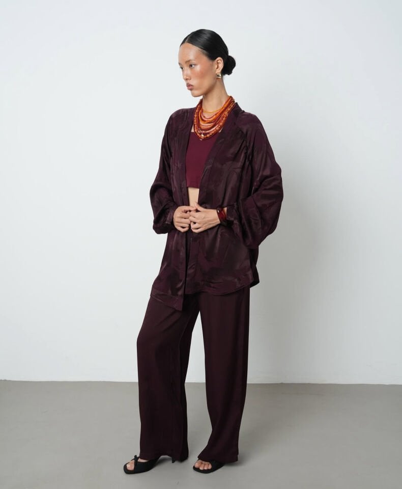 Bordo Desenli Saten Kimono Takım