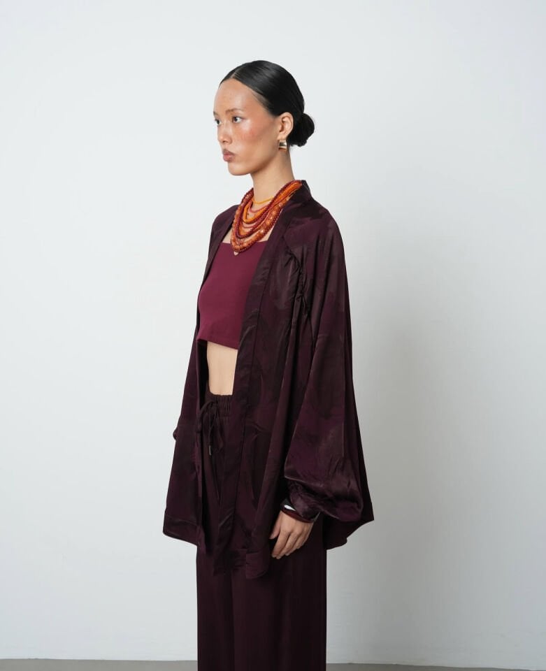 Bordo Desenli Saten Kimono Takım