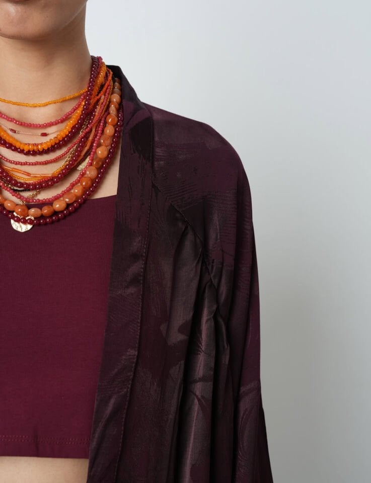 Bordo Desenli Saten Kimono Takım