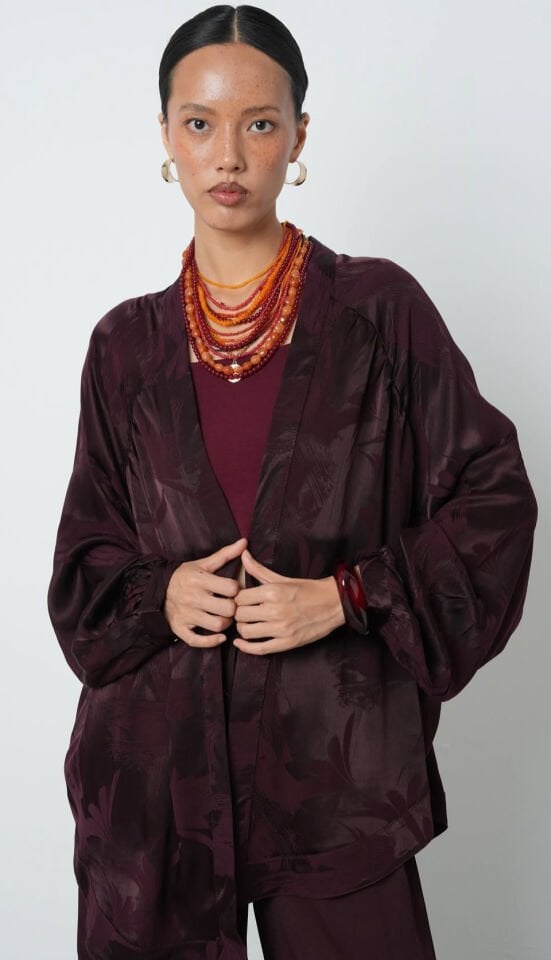 Bordo Desenli Saten Kimono Takım