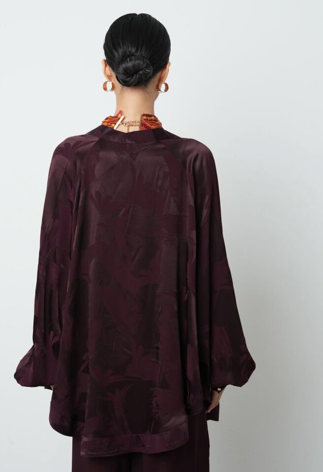 Bordo Desenli Saten Kimono Takım