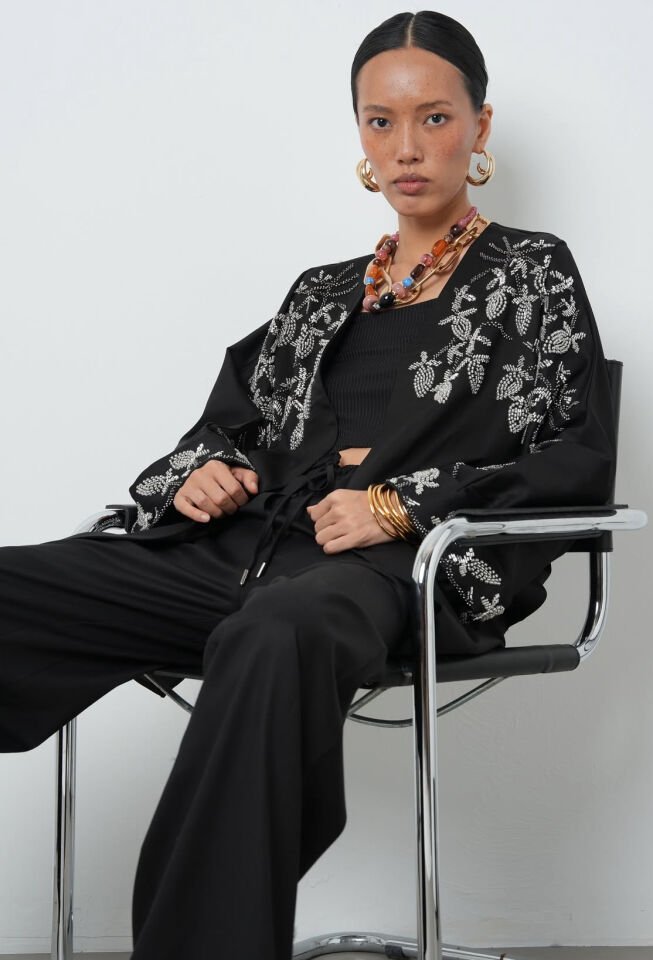 Siyah Taş Detaylı Kimono Takım