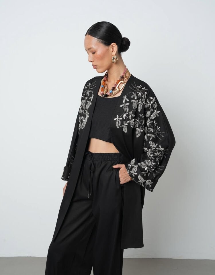 Siyah Taş Detaylı Kimono Takım