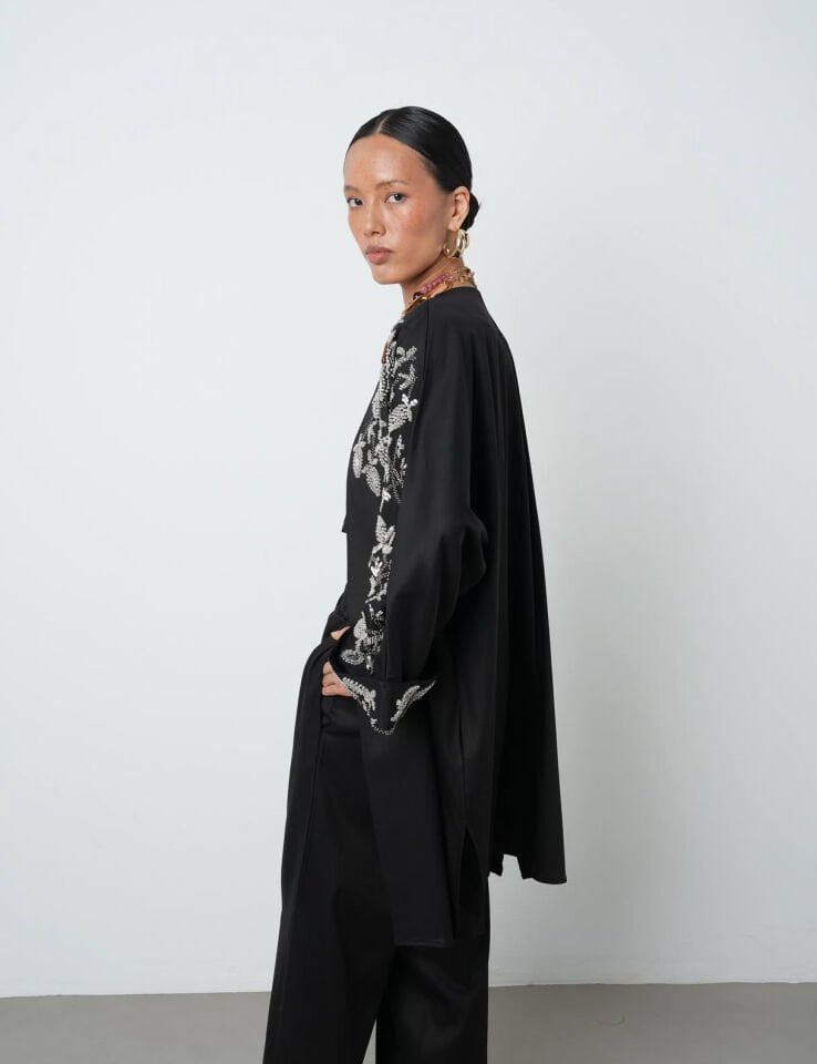 Siyah Taş Detaylı Kimono Takım