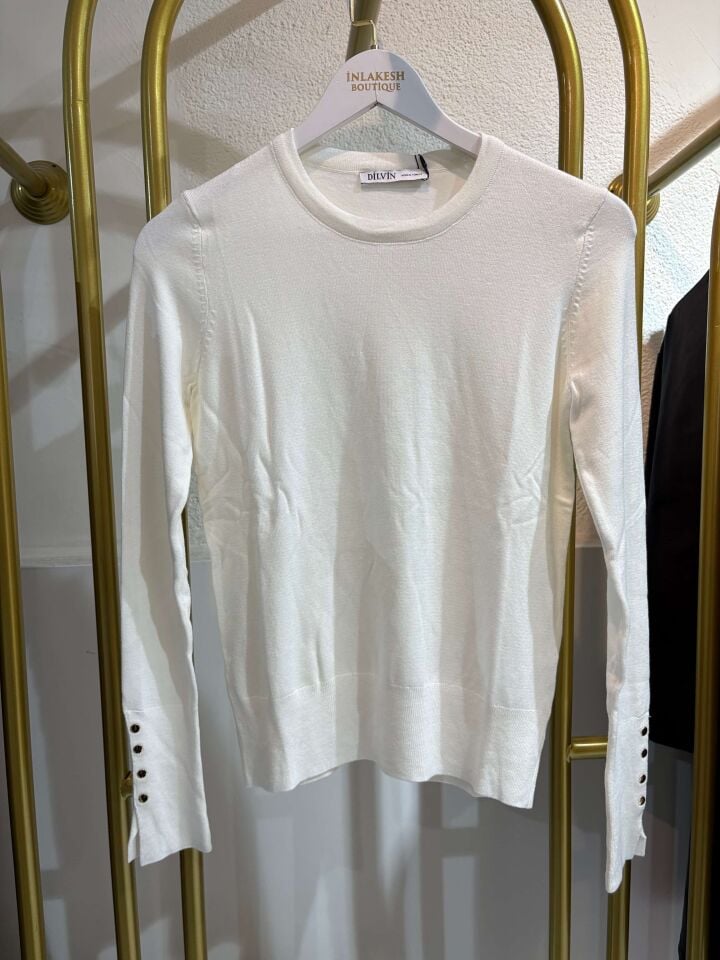 Ekru Bisiklet Yaka İnce Triko Kazak