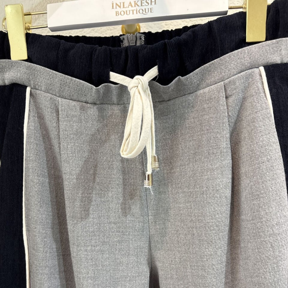 Şerit Garnili Bağcıklı Bol Paça Pantolon Gri