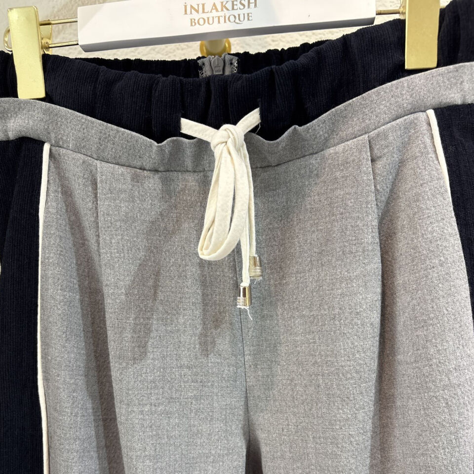 Şerit Garnili Bağcıklı Bol Paça Pantolon Gri