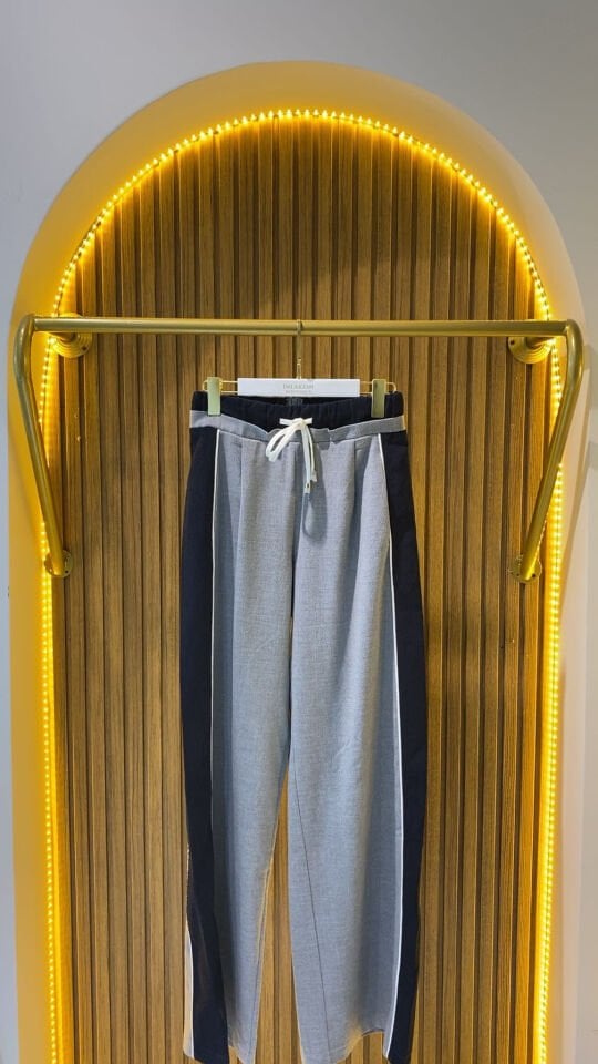 Şerit Garnili Bağcıklı Bol Paça Pantolon Gri