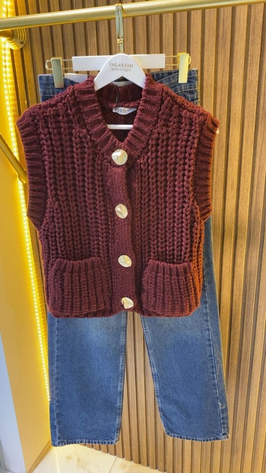 Bisiklet Yaka Yumuşak Dokulu Cepli Düğmeli Triko Yelek-Bordo