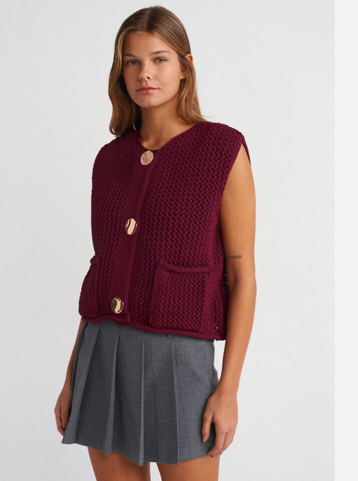 Bisiklet Yaka Yumuşak Dokulu Cepli Düğmeli Triko Yelek-Bordo