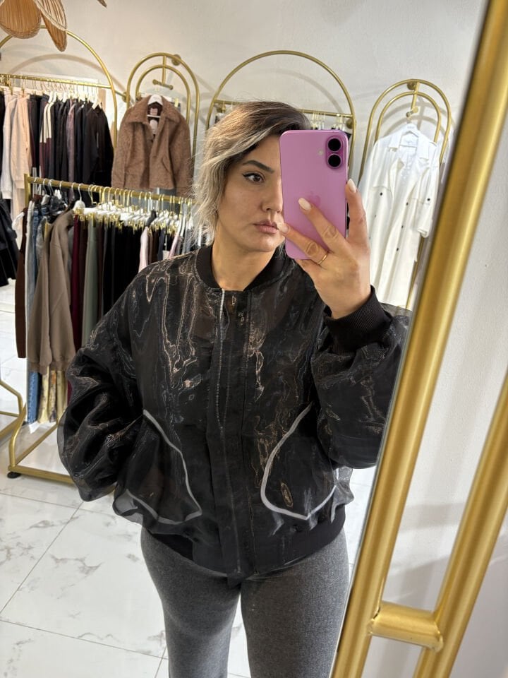 Cep Detaylı Organze Tül Ceket Siyah