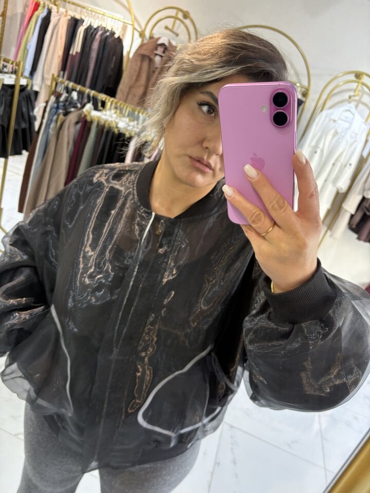 Cep Detaylı Organze Tül Ceket Siyah