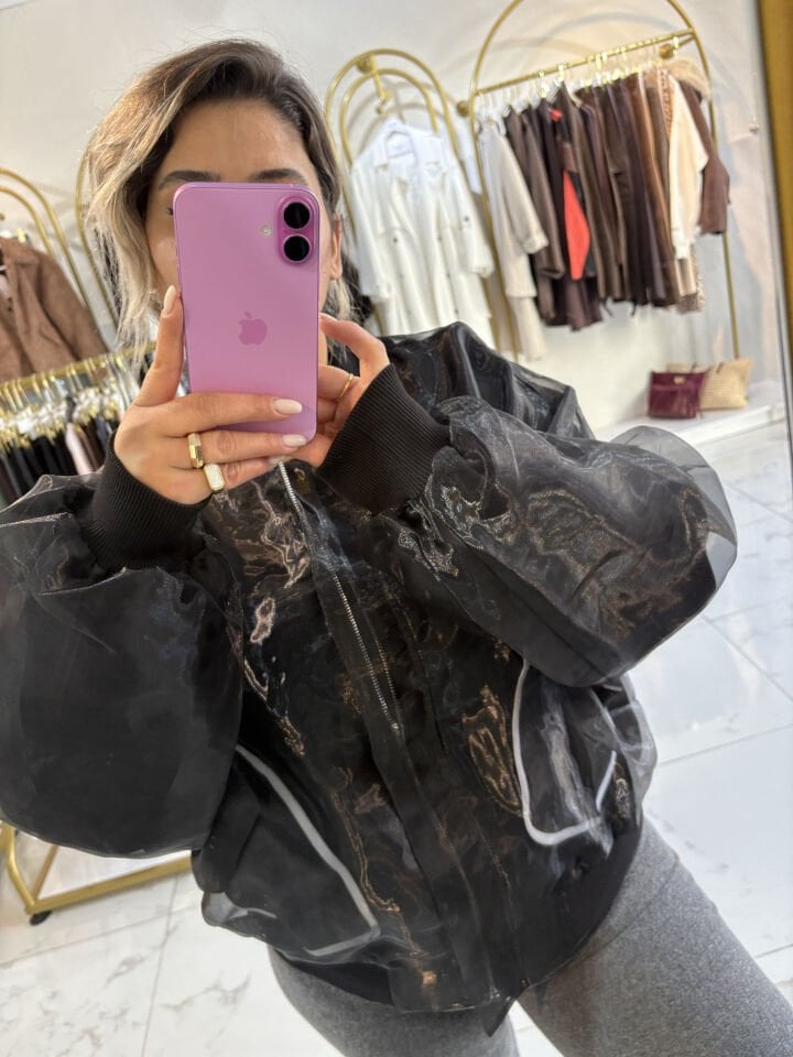 Cep Detaylı Organze Tül Ceket Siyah