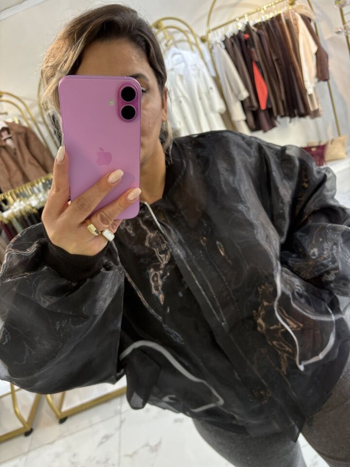 Cep Detaylı Organze Tül Ceket Siyah