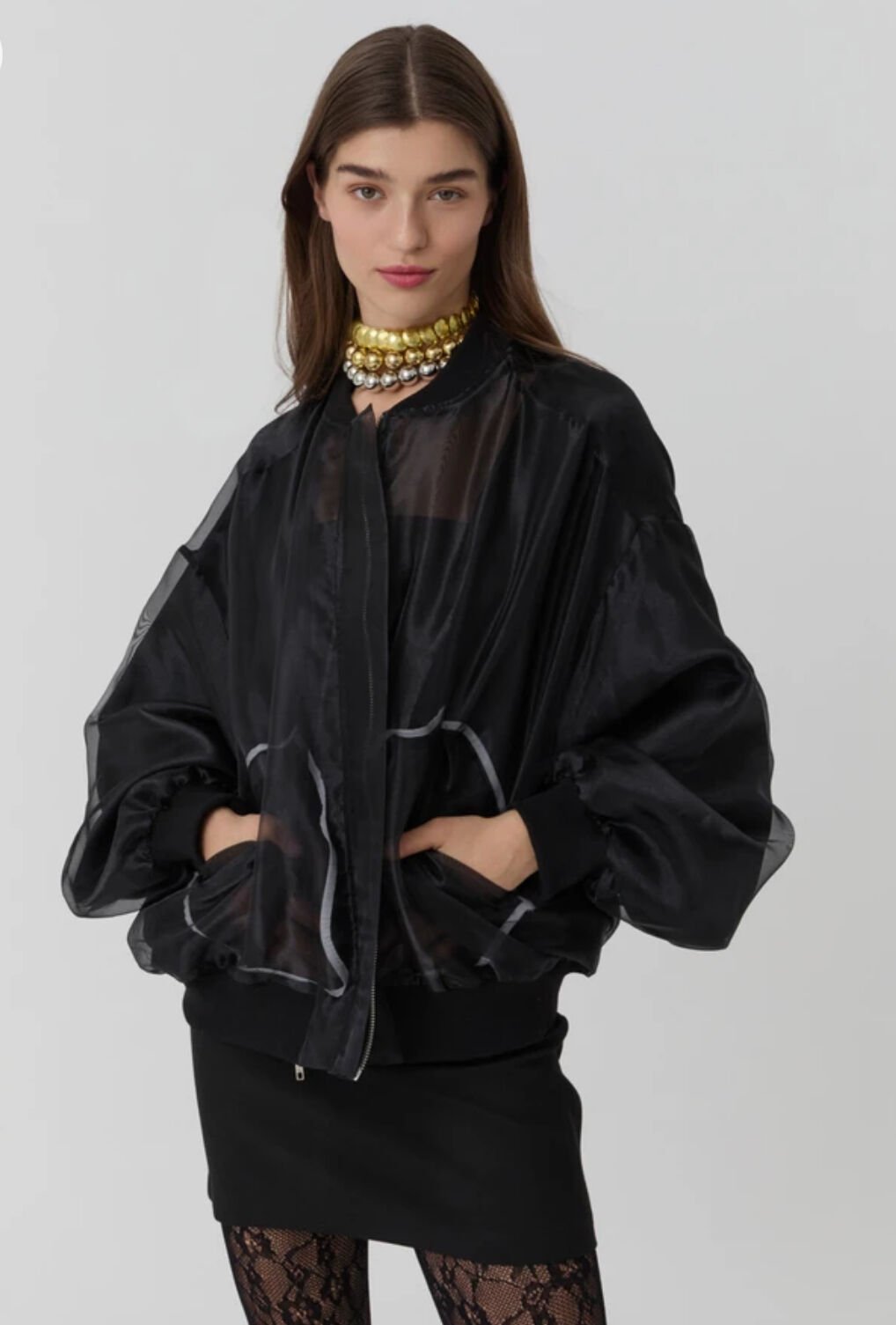 Cep Detaylı Organze Tül Ceket Siyah