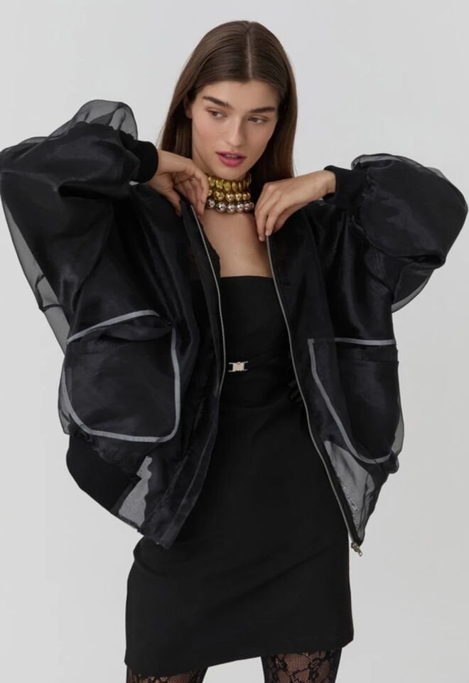 Cep Detaylı Organze Tül Ceket Siyah
