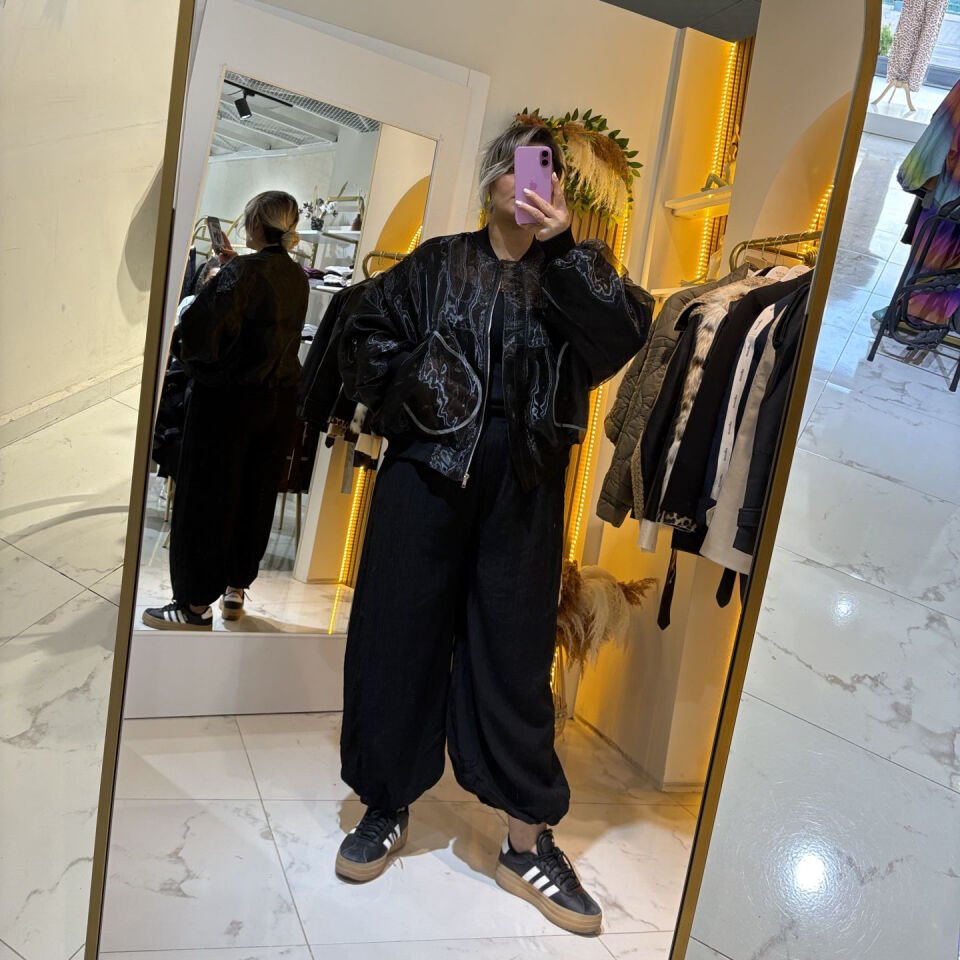 Beli Lastikli Pileli Şalvar Pantolon Siyah