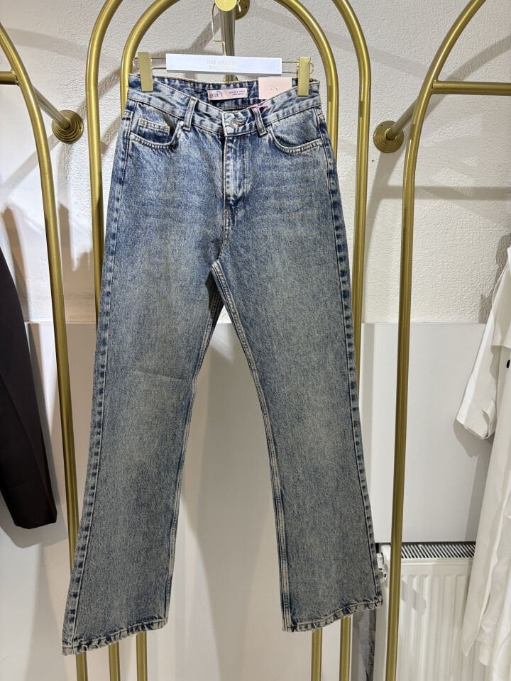 Yıkamalı Yüksek Bel Düz Paça Kot Pantolon Mavi