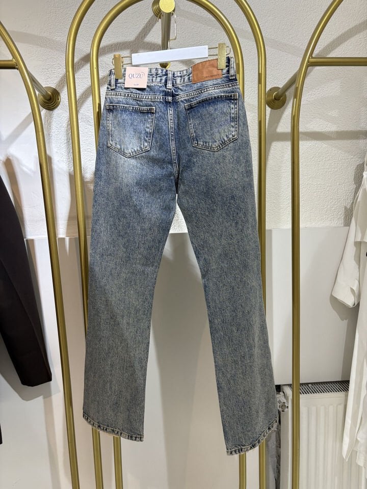 Yıkamalı Yüksek Bel Düz Paça Kot Pantolon Mavi