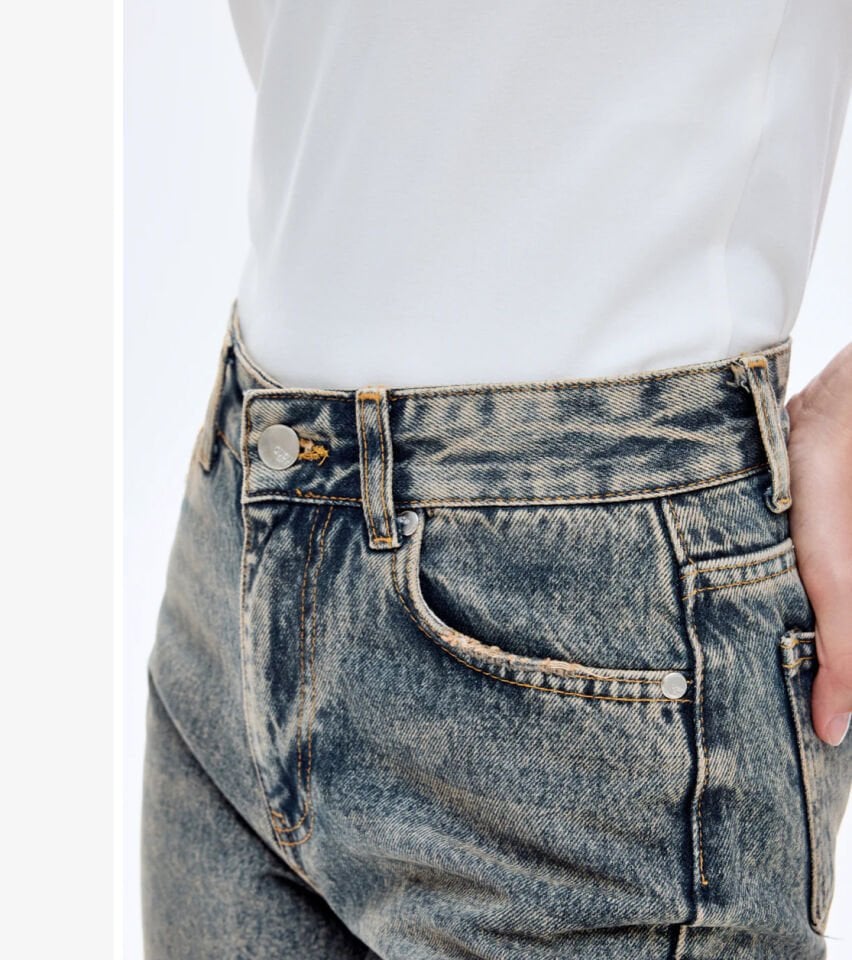 Yıkamalı Yüksek Bel Düz Paça Kot Pantolon Mavi